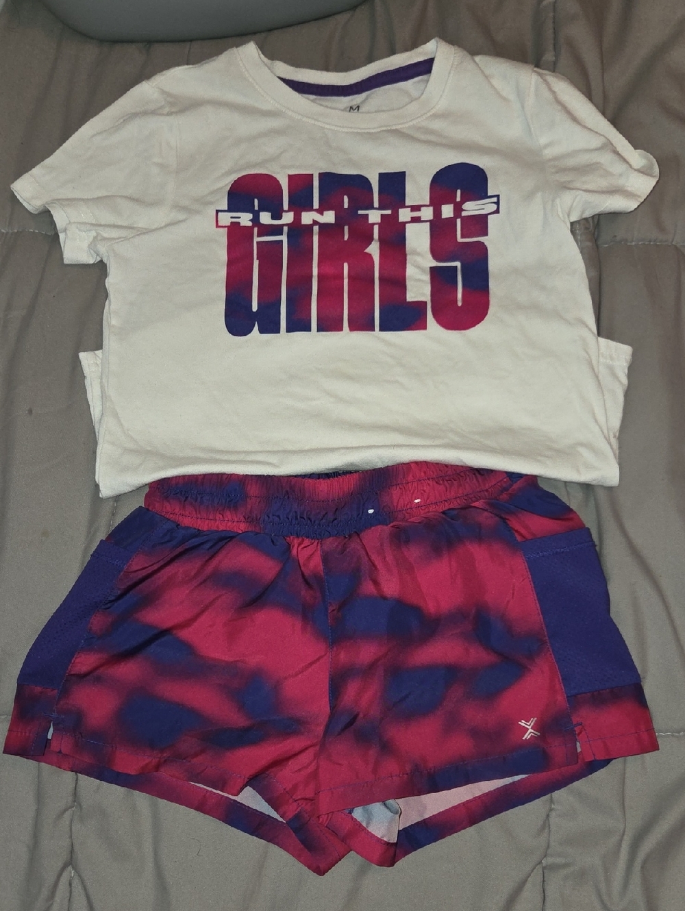 Xersion Girls White T-Shirt and Pink Purple Tie-Dye Shorts Set
